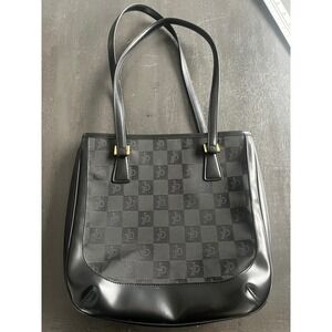 Roccobarocco Black Monogram Checkered Jacquard Tote Bag Made in Italy Gold Tone